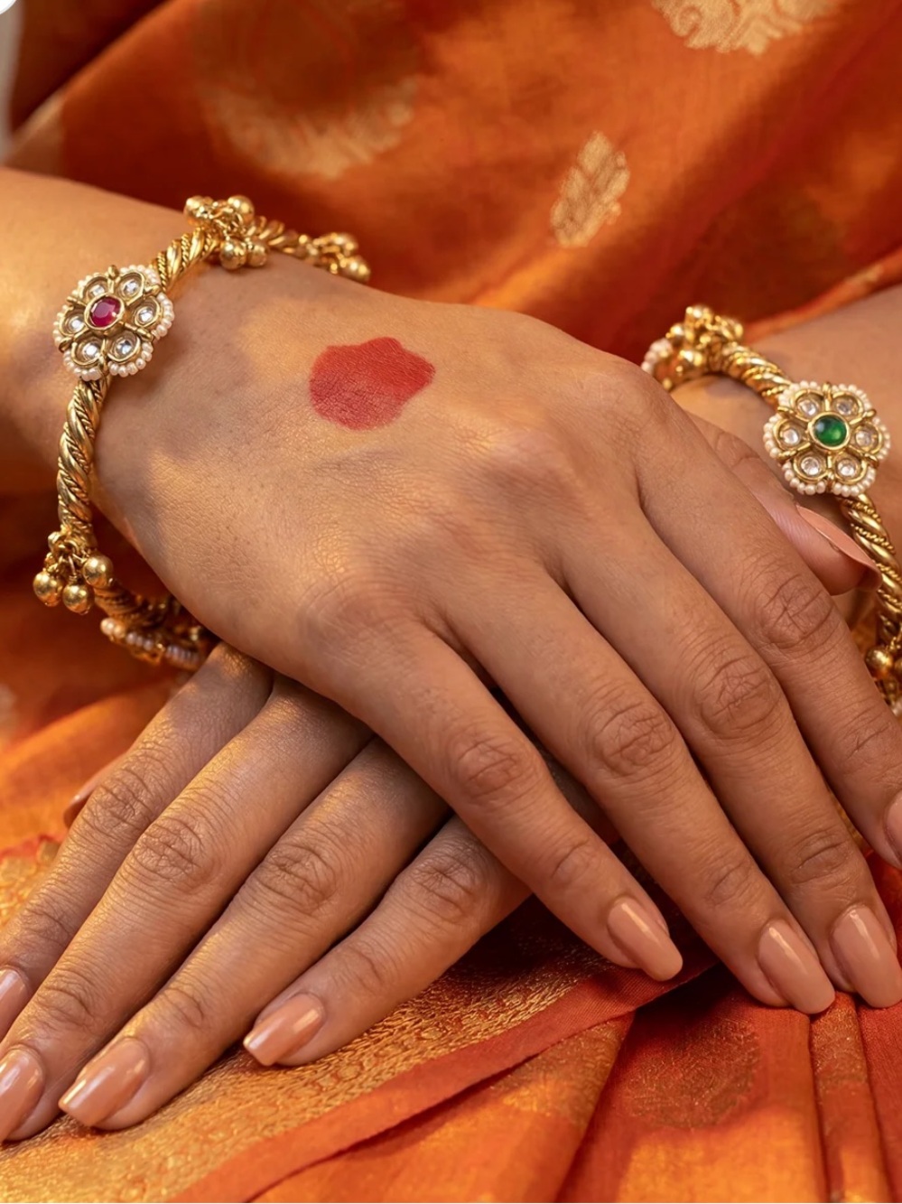 Gold-Tone Floral Kundan Bracelet Set with Red and Green Stones